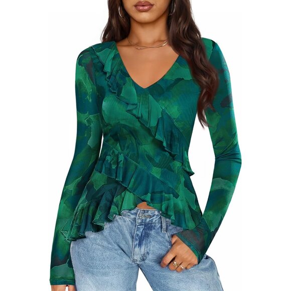 Tops - Women's Floral V Neck Ruffle Blouse Long Sleeve Fall Fashion Top